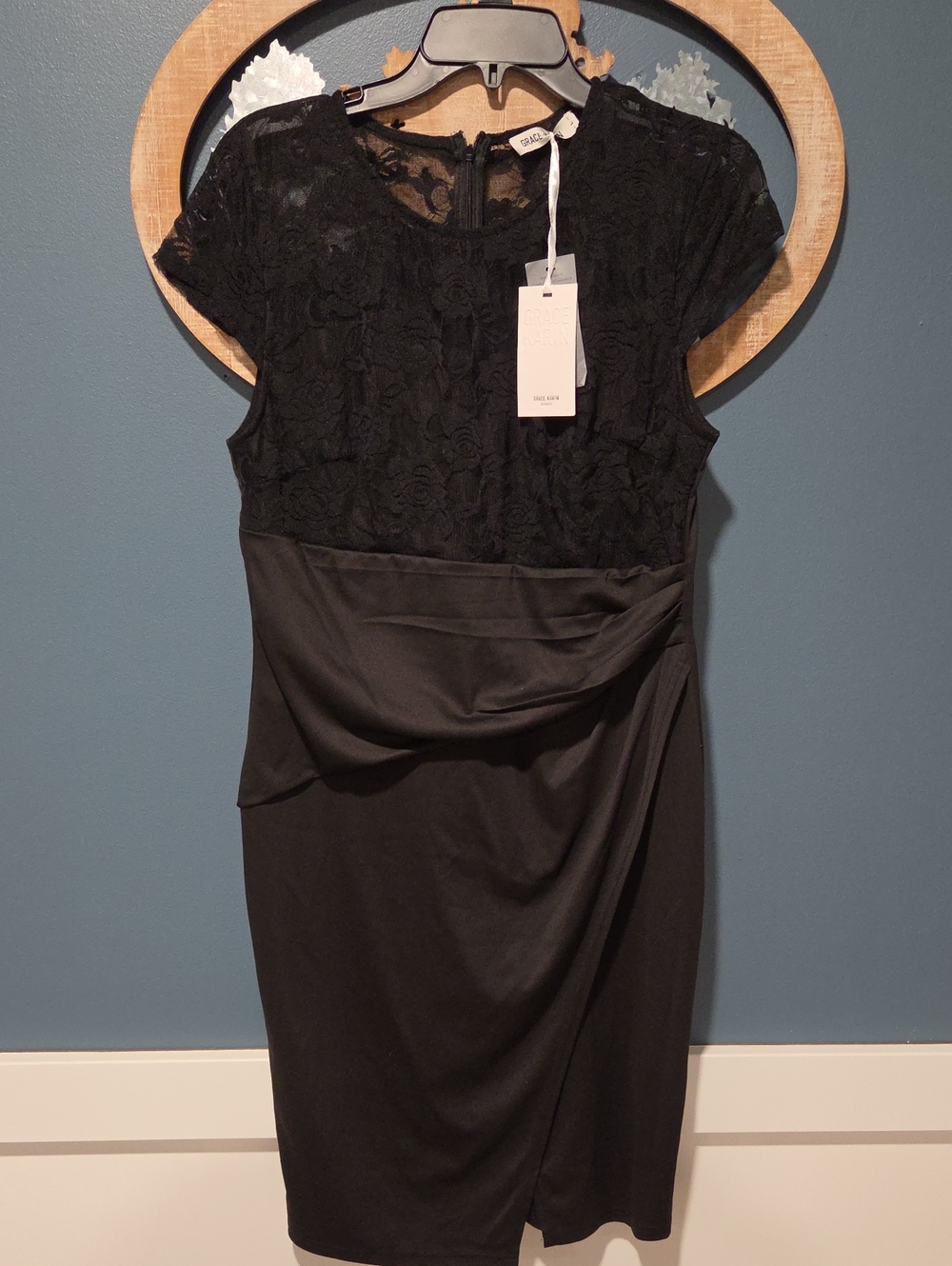 Grace Karin Black Lace-Top Midi Dress. NWT. Large Size.